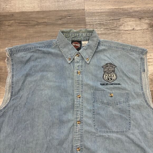 Vintage Y2K Harley Davidson Police Motorcycles Blue Denim Men L Sleeveless Shirt - Picture 2 of 7